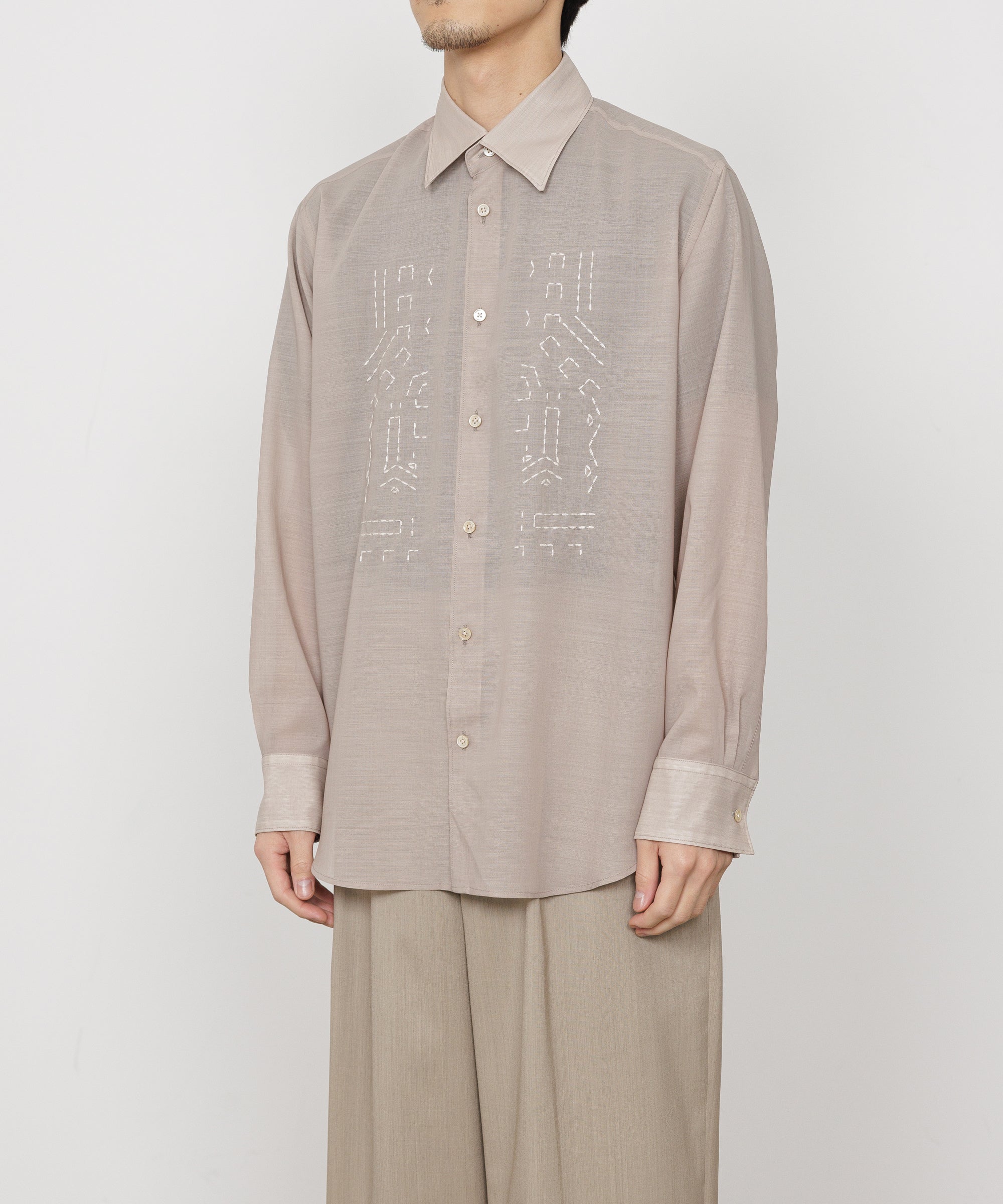 ウールリサイクルポリエステルトロピカル / エンブロイダリーレギュラーカラーシャツ, Beige