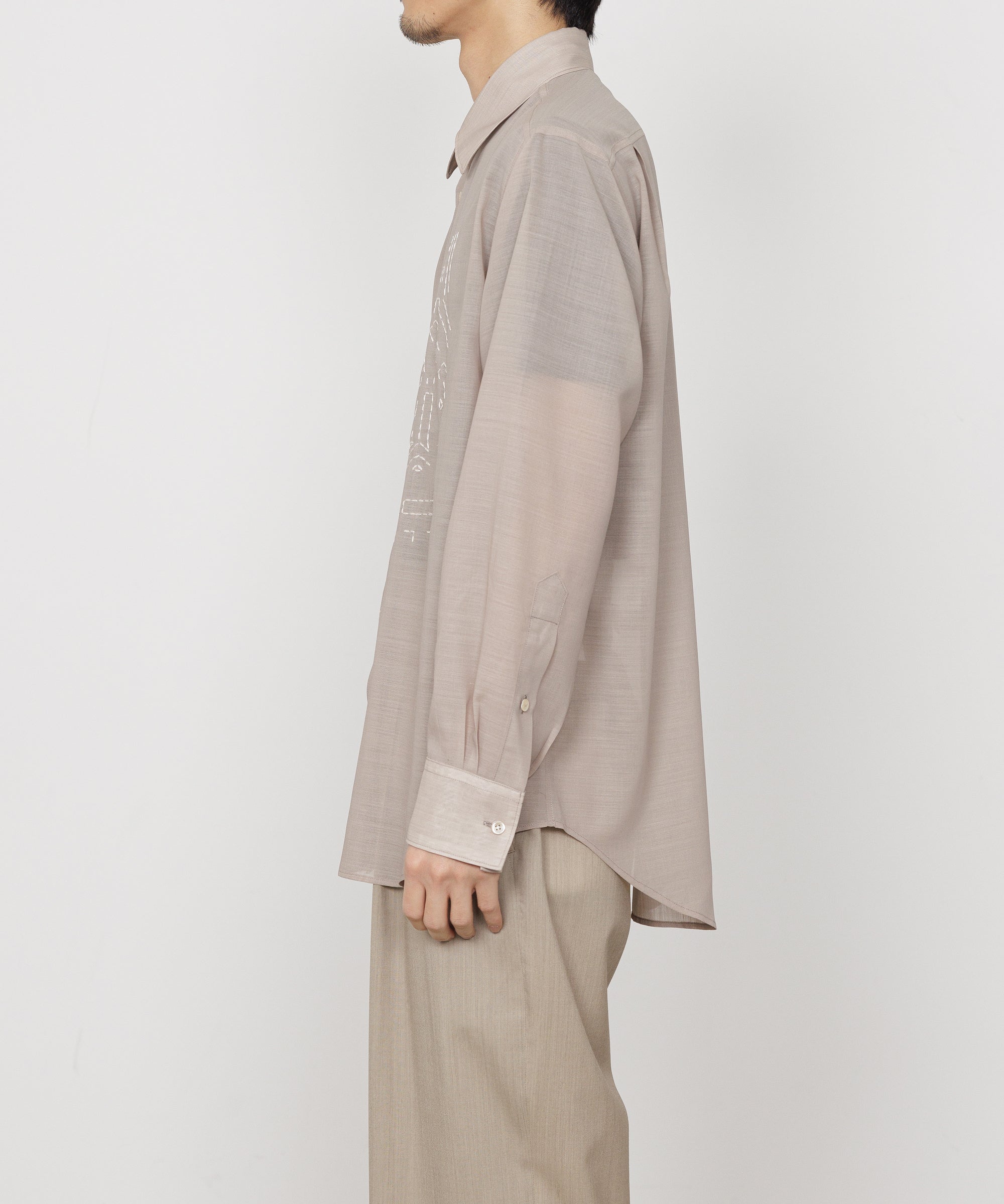 ウールリサイクルポリエステルトロピカル / エンブロイダリーレギュラーカラーシャツ, Beige