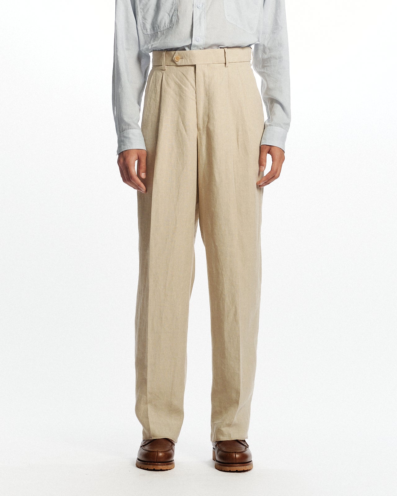 80/1ヘンプタイプライター / ダブルプリーテッドクラシックワイドトラウザーズ, Beige