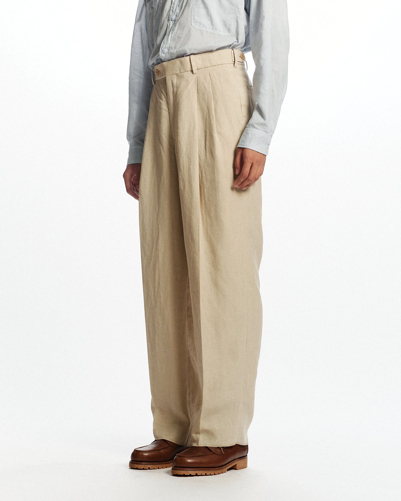 80/1ヘンプタイプライター / ダブルプリーテッドクラシックワイドトラウザーズ, Beige