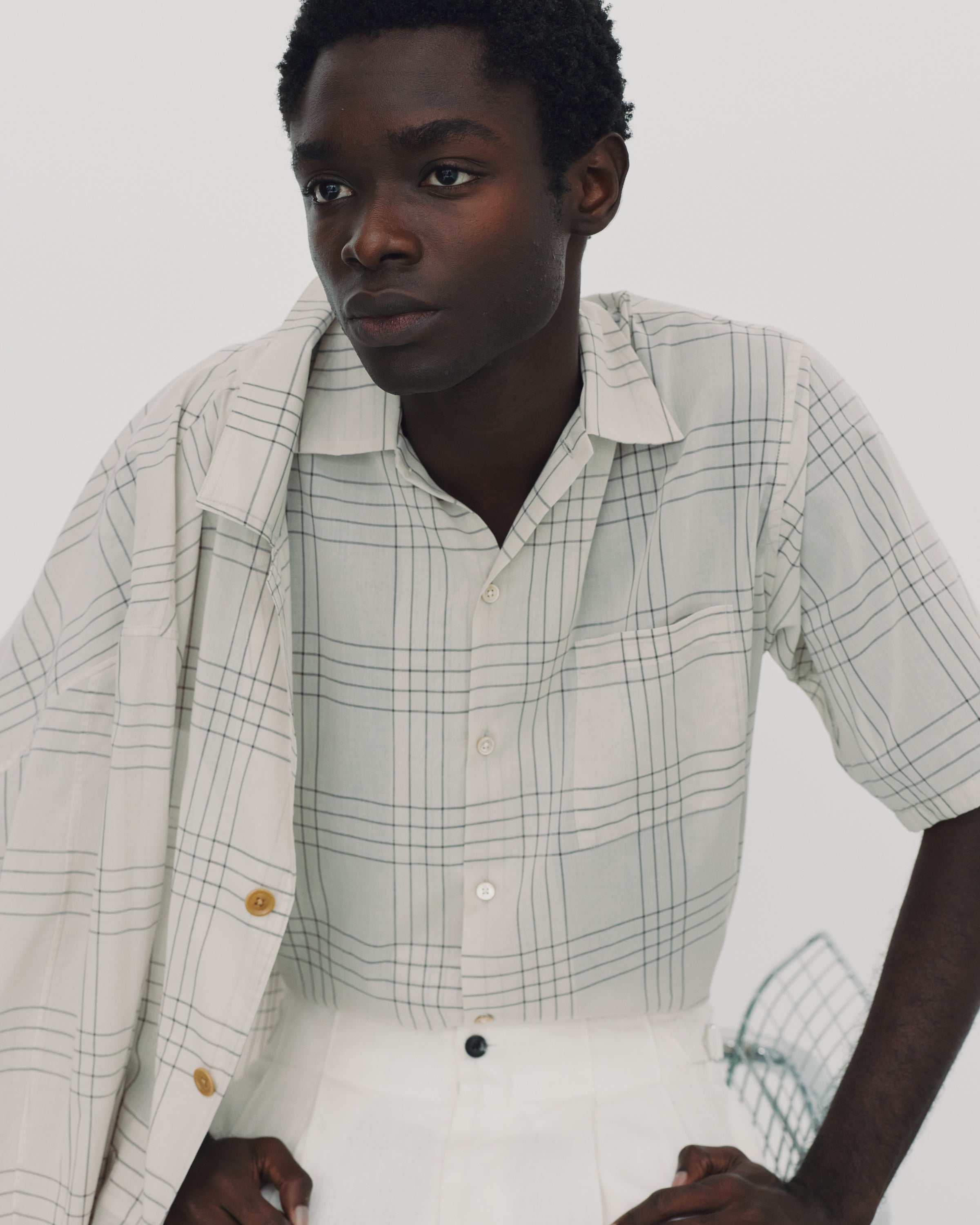 オーガニックコットン強撚チェックローン / オープンカラーS/Sシャツ, Ivory Check