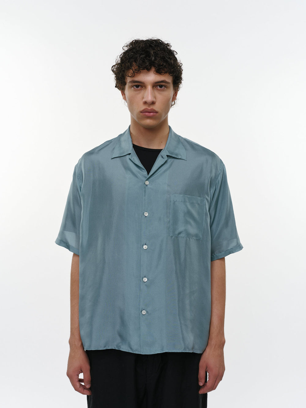 8匁シルク羽二重 / シルクオープンカラーS/Sシャツ, Blue Green