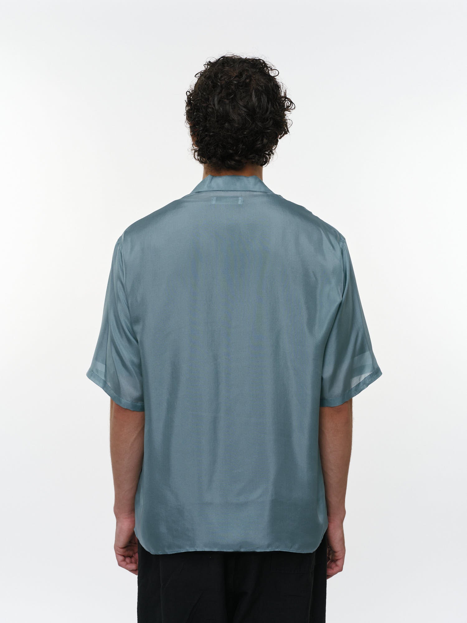 8匁シルク羽二重 / シルクオープンカラーS/Sシャツ, Blue Green