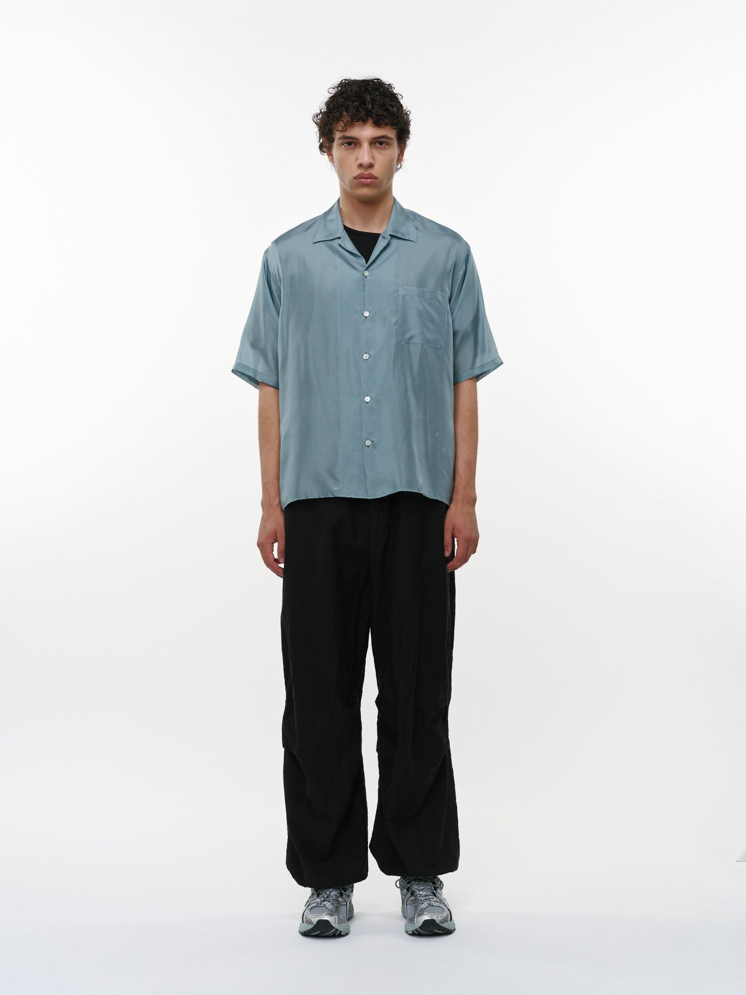 8匁シルク羽二重 / シルクオープンカラーS/Sシャツ, Blue Green