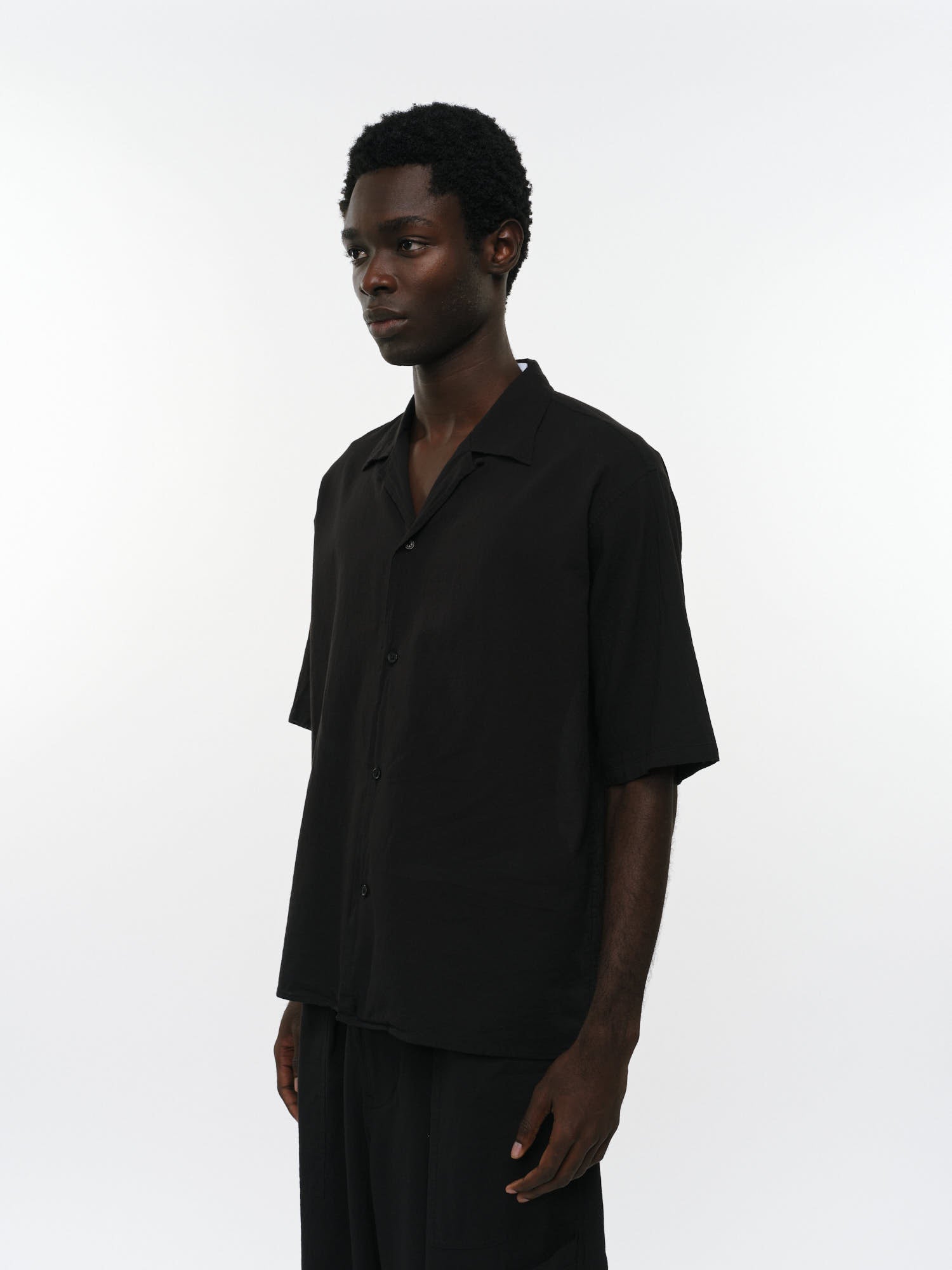 オーガニックコットン強撚ドビークロス / オープンカラーS/Sシャツ, Black