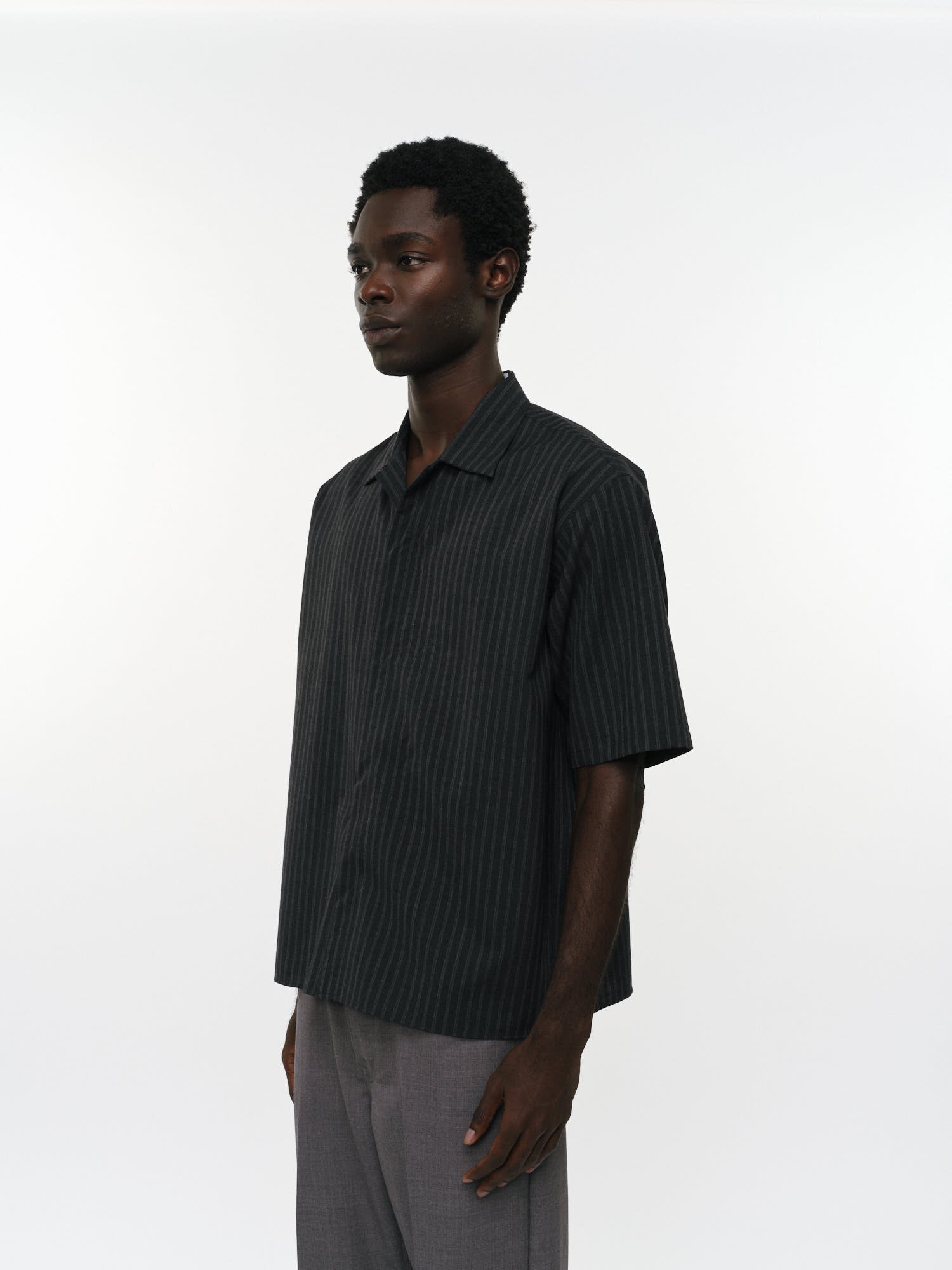 2/72ウールトロピカルワッシャー / フライフロントオープンカラーS/Sシャツ, Gray Stripe
