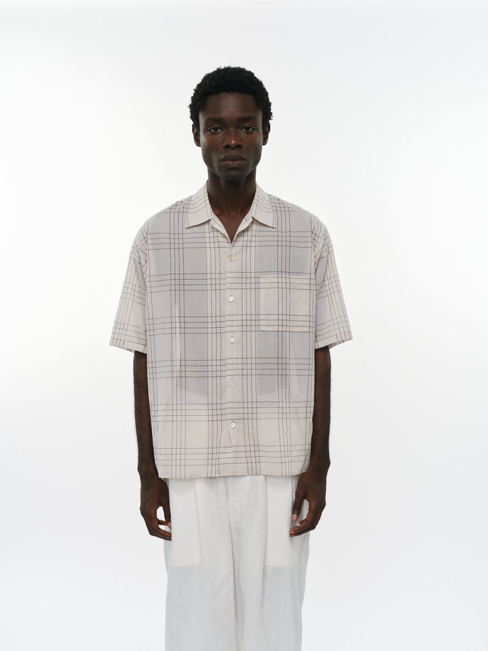 オーガニックコットン強撚チェックローン / オープンカラーS/Sシャツ, Ivory Check