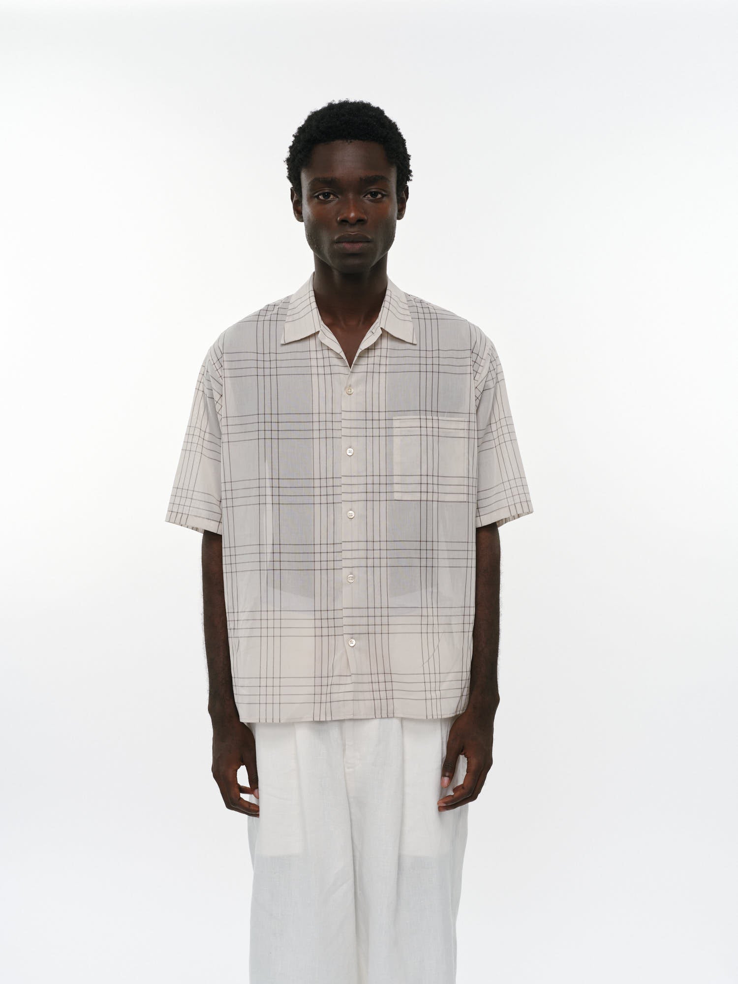 オーガニックコットン強撚チェックローン / オープンカラーS/Sシャツ, Ivory Check