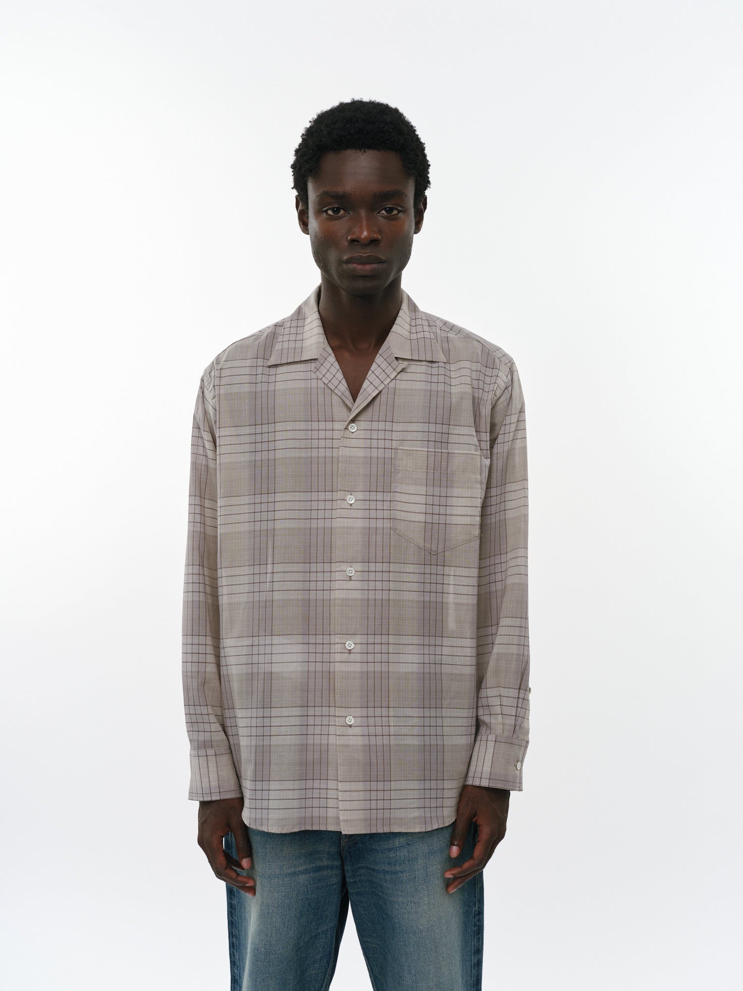 オーガニックコットン強撚チェックローン / オープンカラーL/Sシャツ, Sage Check