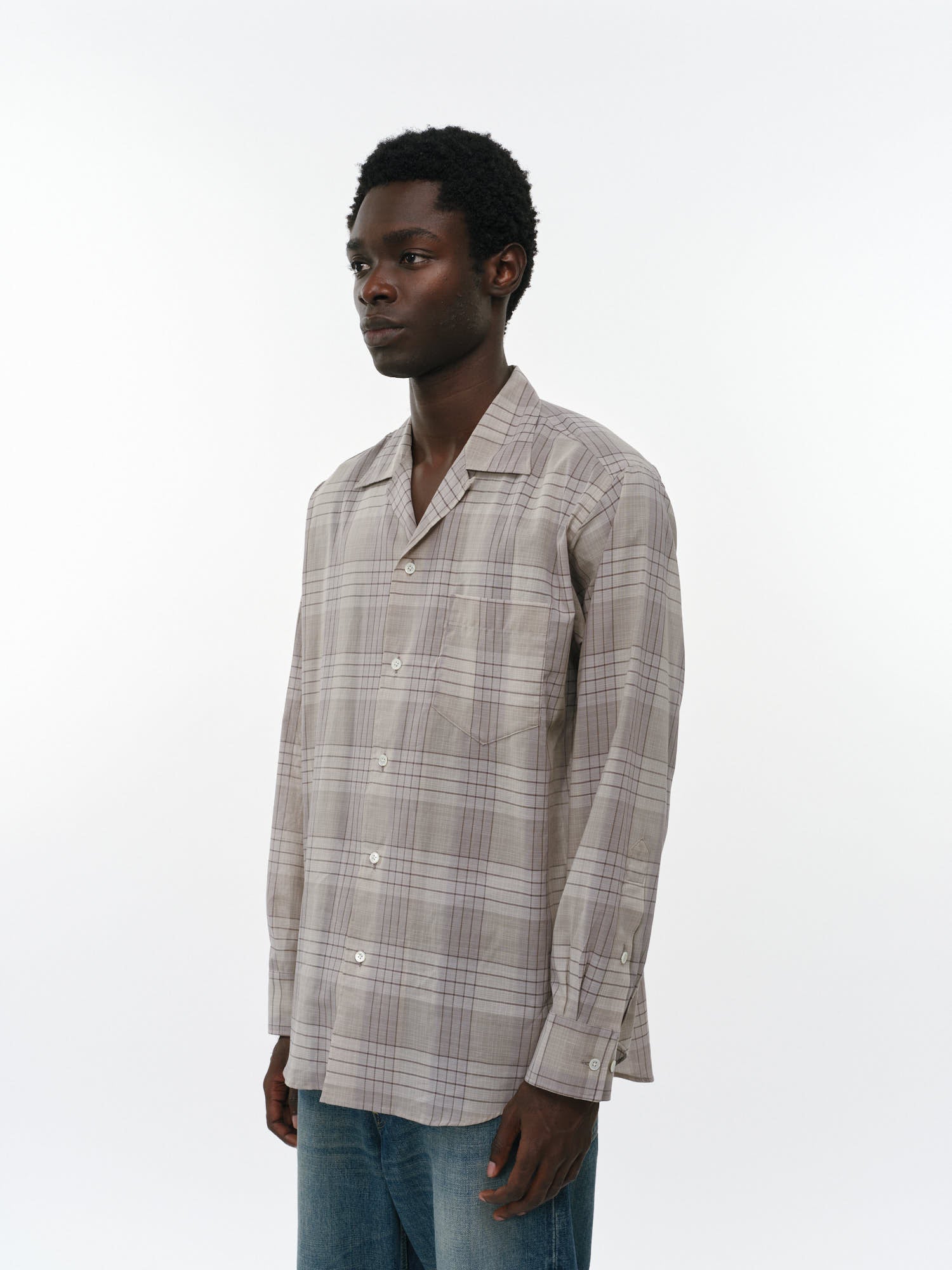 オーガニックコットン強撚チェックローン / オープンカラーL/Sシャツ, Sage Check