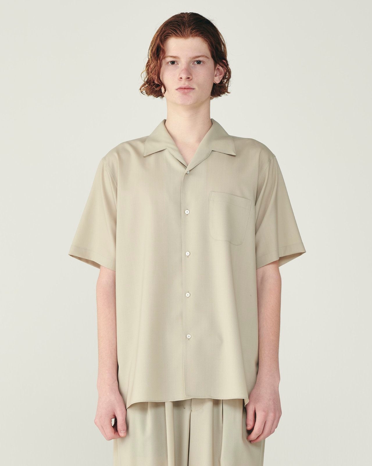 オーガニックウール2/80トロピカル / イタリアンオープンカラーS/Sシャツ, Beige