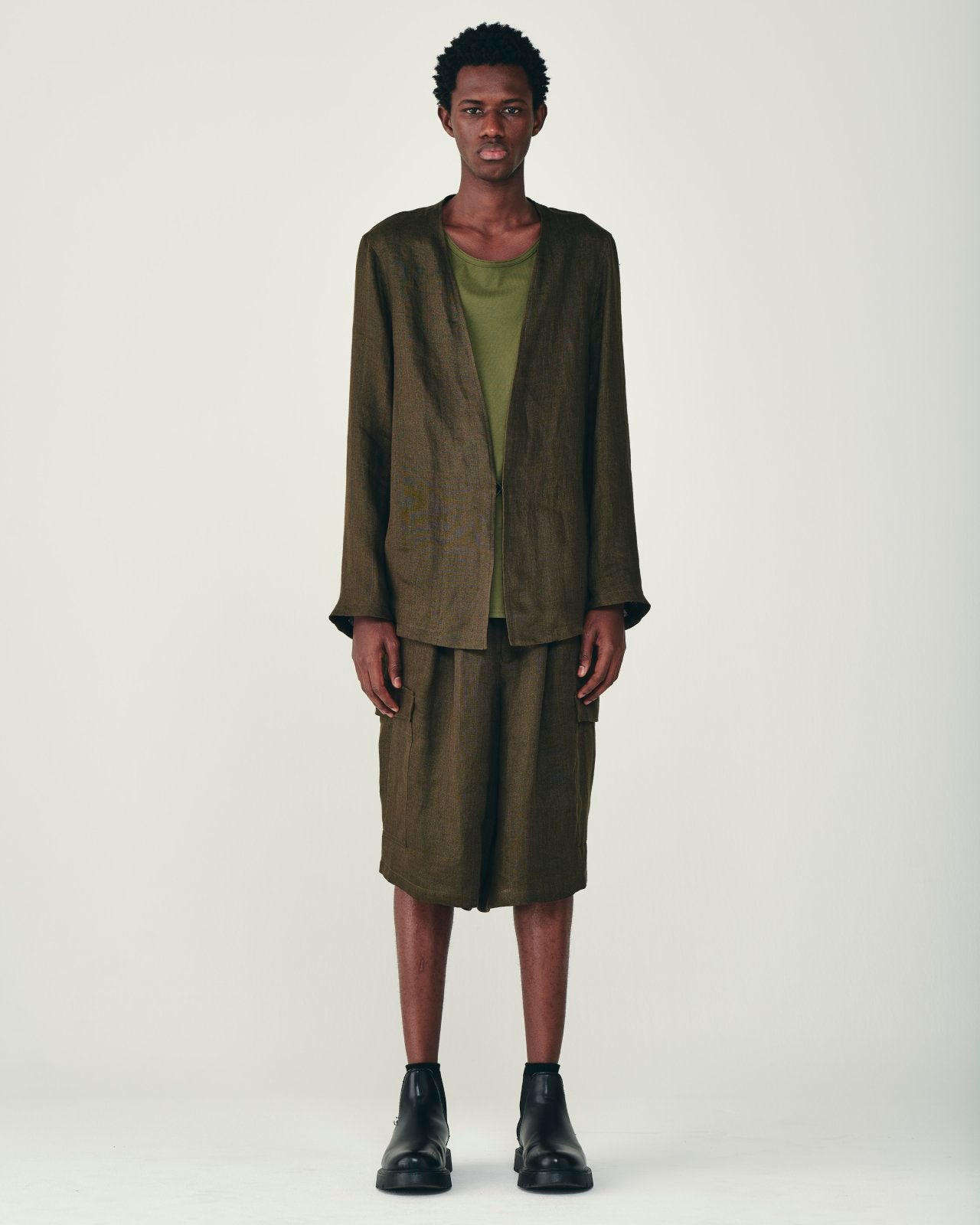 リネンガーゼダブルクロス ワイドカーゴショーツ, Olive