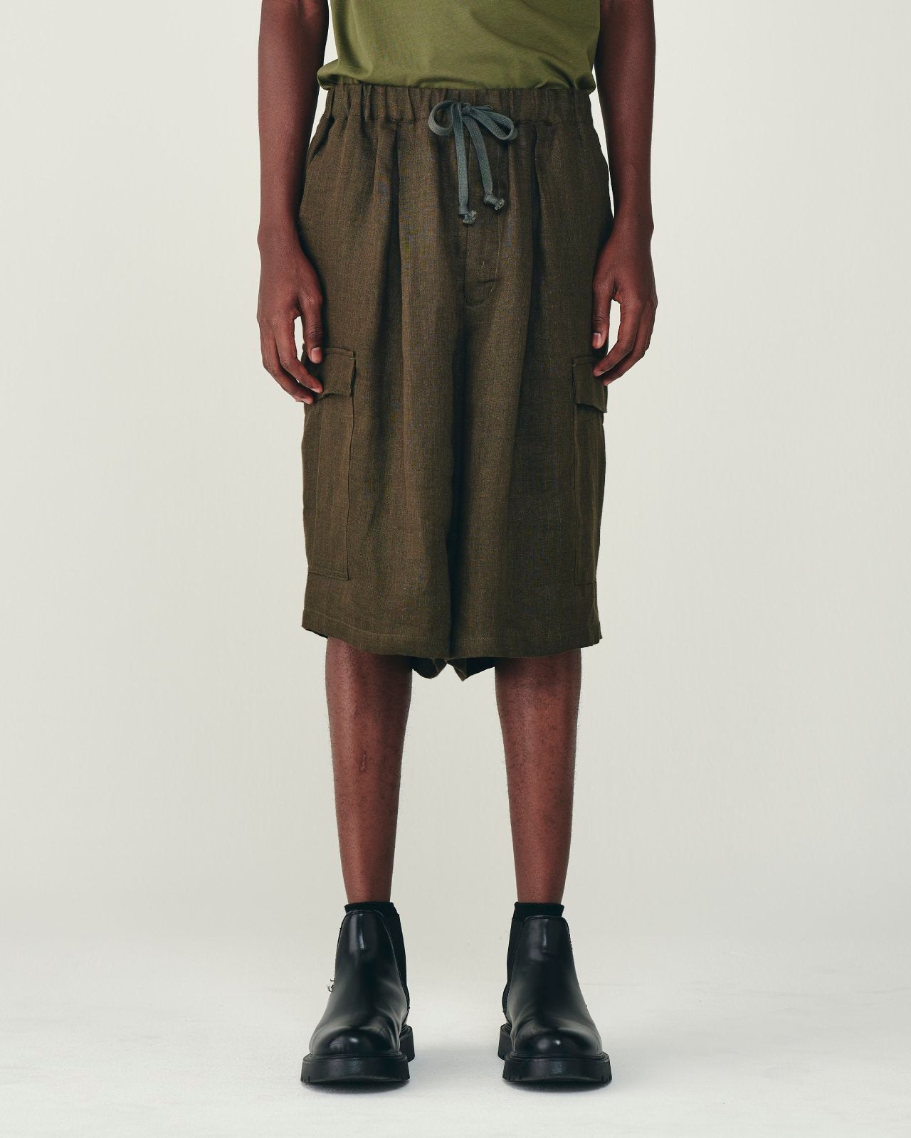 リネンガーゼダブルクロス ワイドカーゴショーツ, Olive
