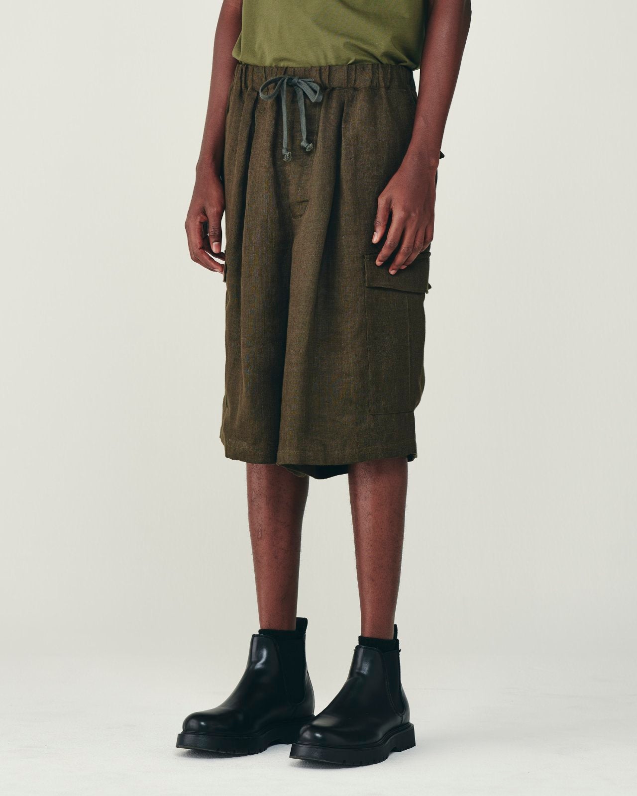 リネンガーゼダブルクロス ワイドカーゴショーツ, Olive