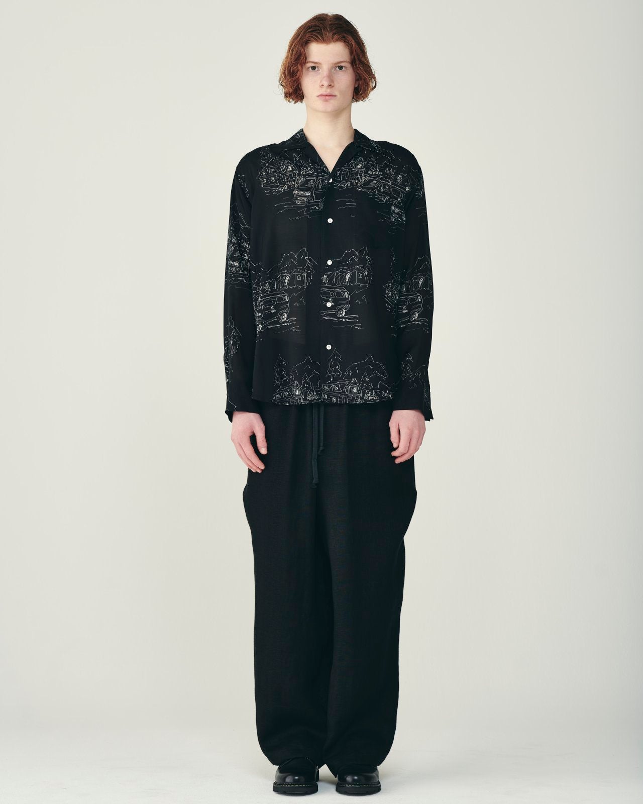 リネンガーゼダブルクロス ワイドシリンダーフィットイージーパンツ, Black