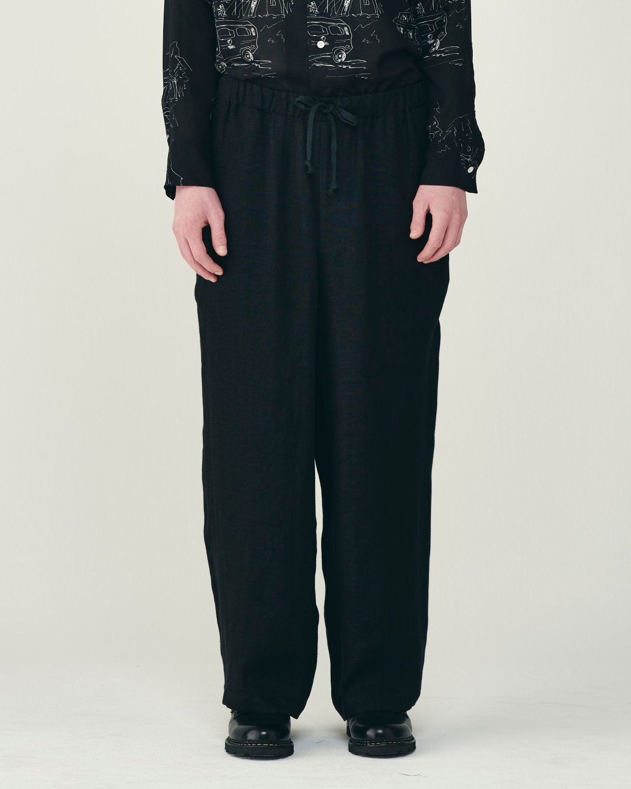 リネンガーゼダブルクロス ワイドシリンダーフィットイージーパンツ, Black