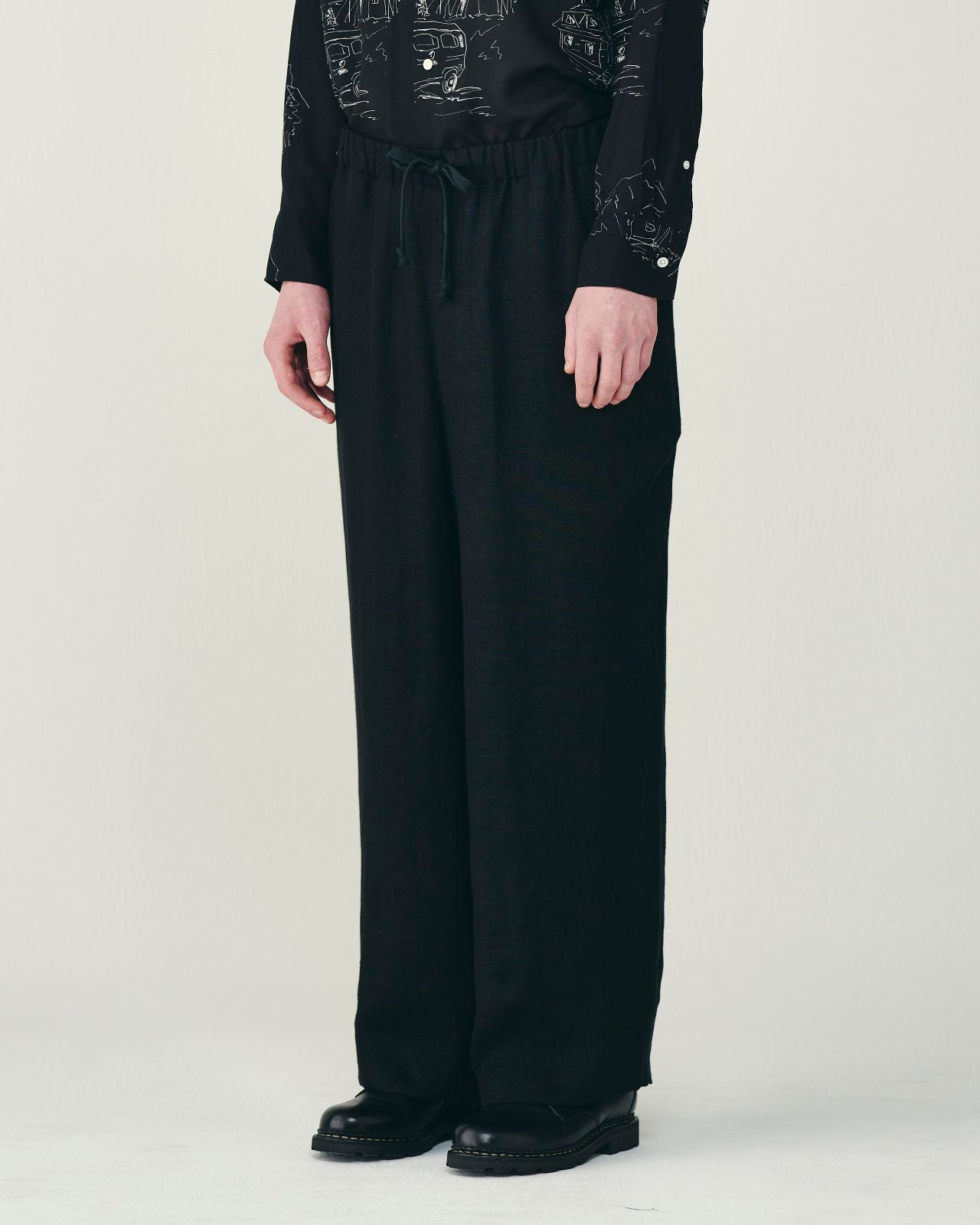 リネンガーゼダブルクロス ワイドシリンダーフィットイージーパンツ, Black