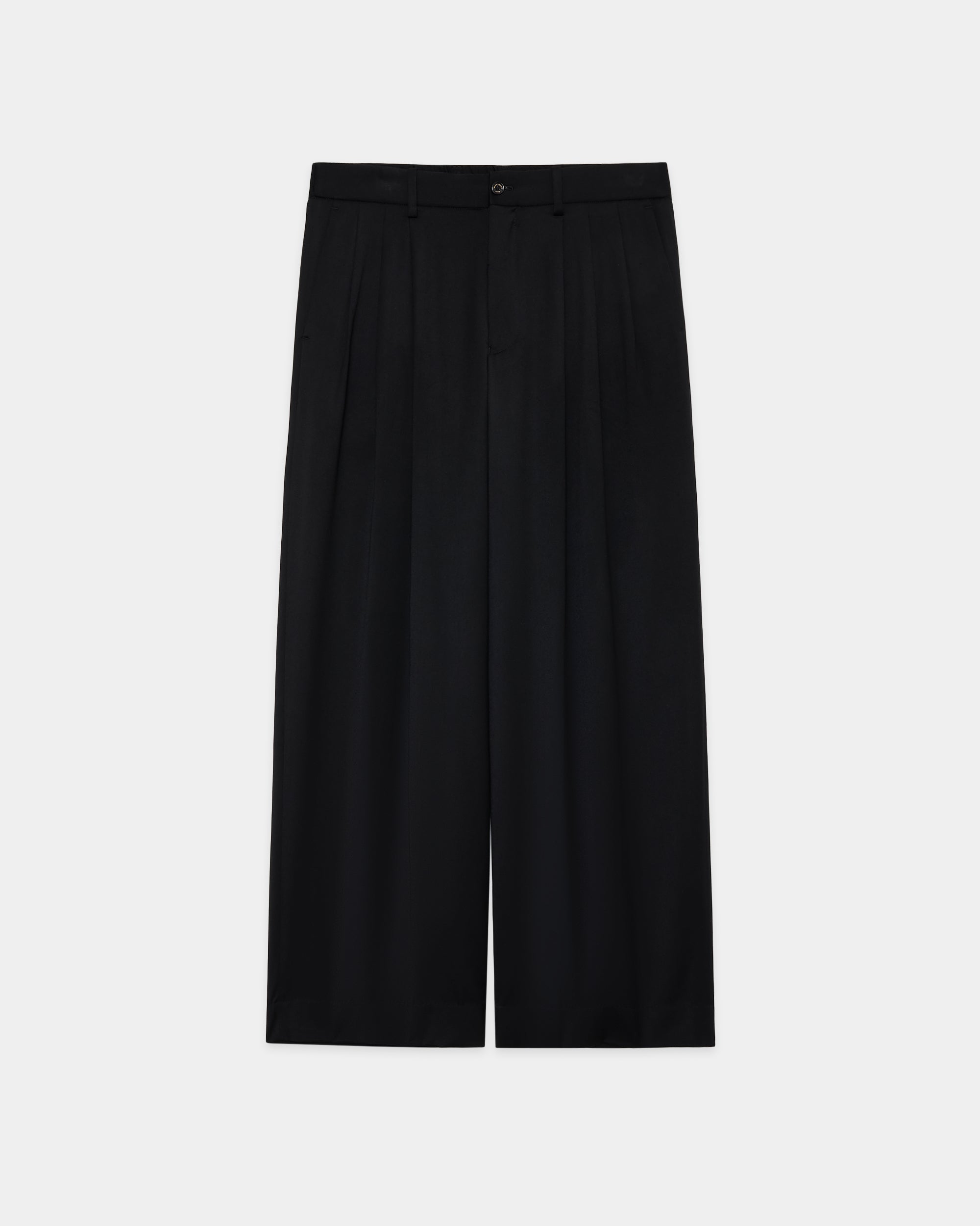 スーパー200sウールサテン / トリプルプリーテッド ワイドトラウザーズ, Black