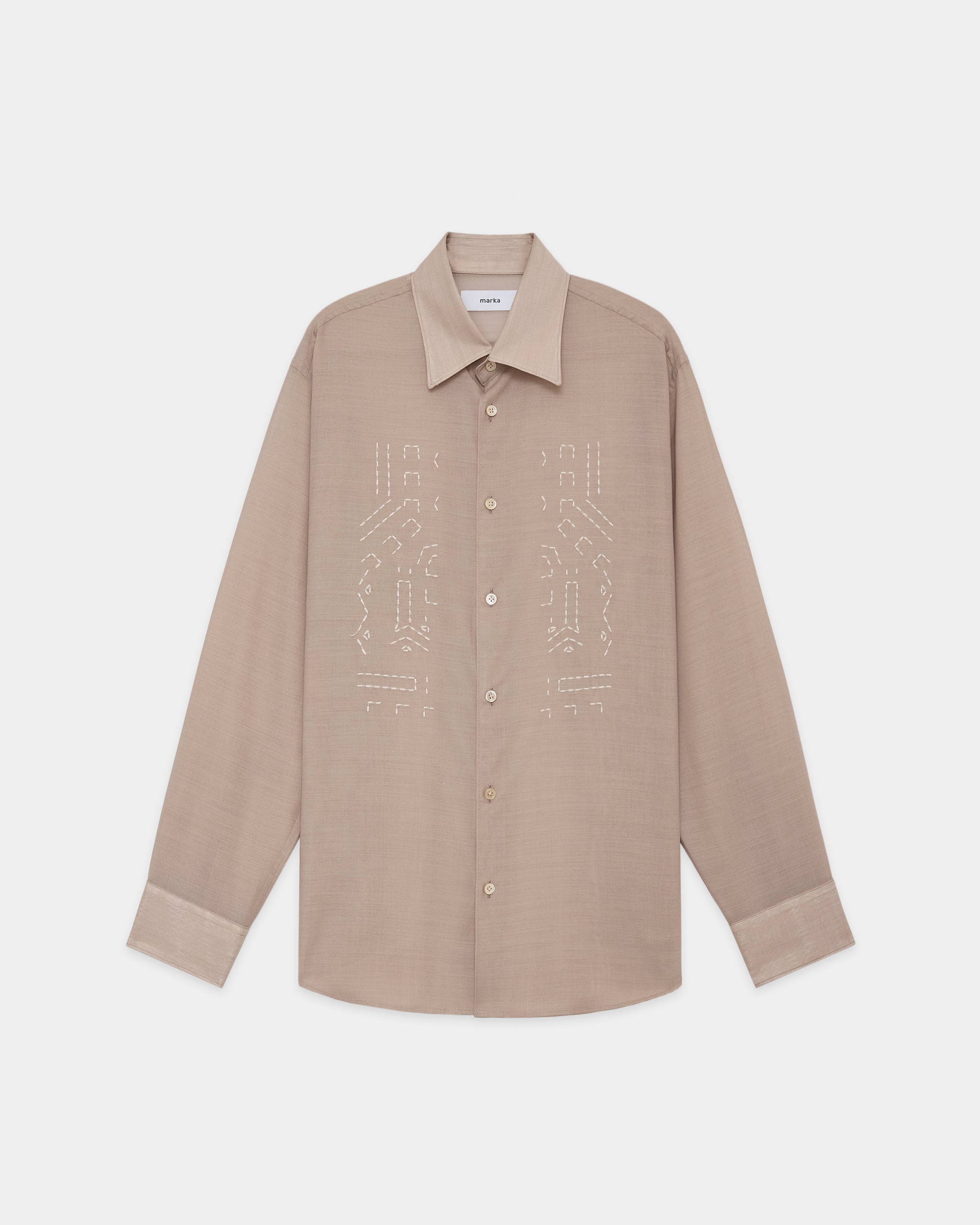 ウールリサイクルポリエステルトロピカル / エンブロイダリーレギュラーカラーシャツ, Beige