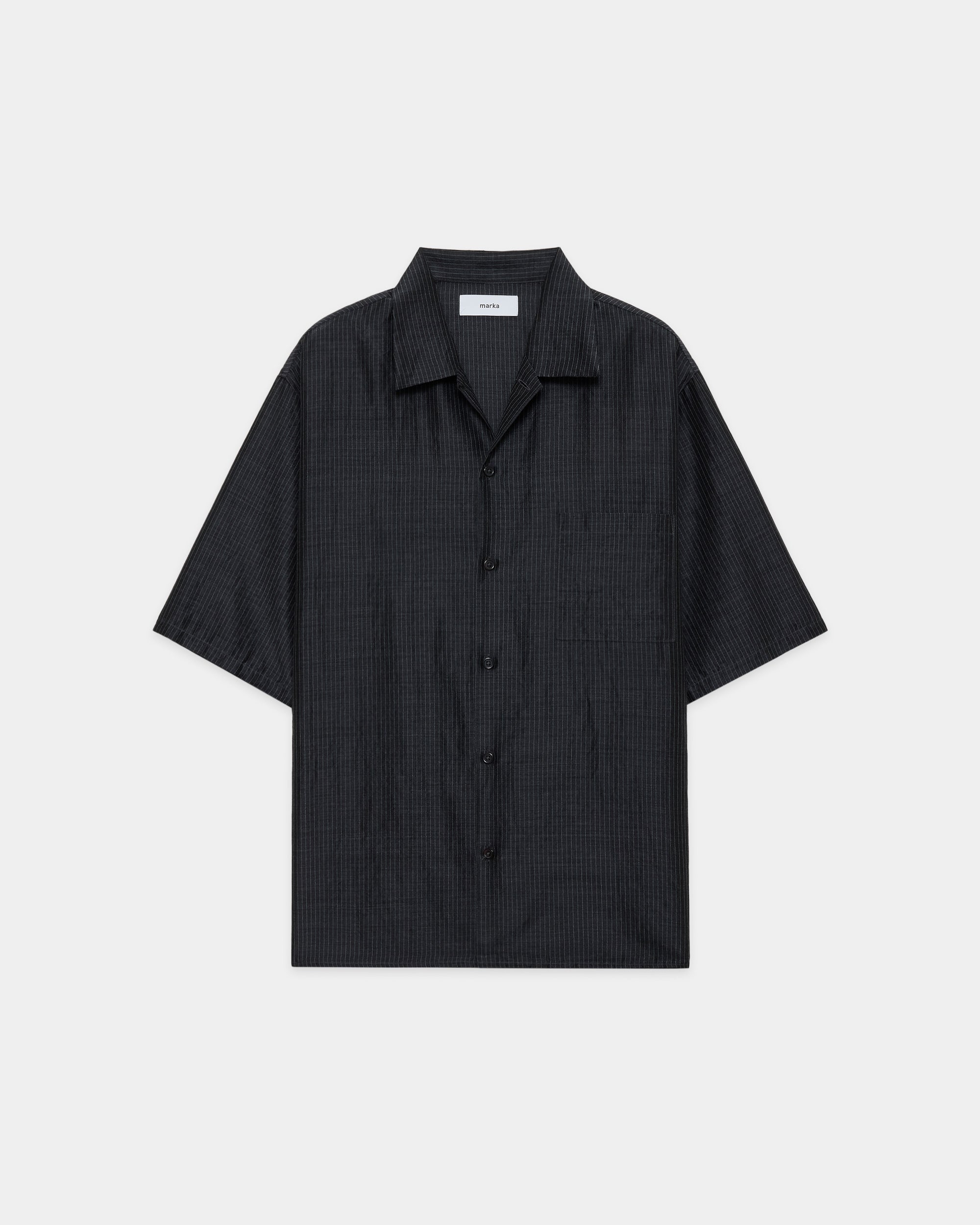 ウールシルクフェザークロス / オープンカラーS/Sシャツ, Top Charcoal Stripe