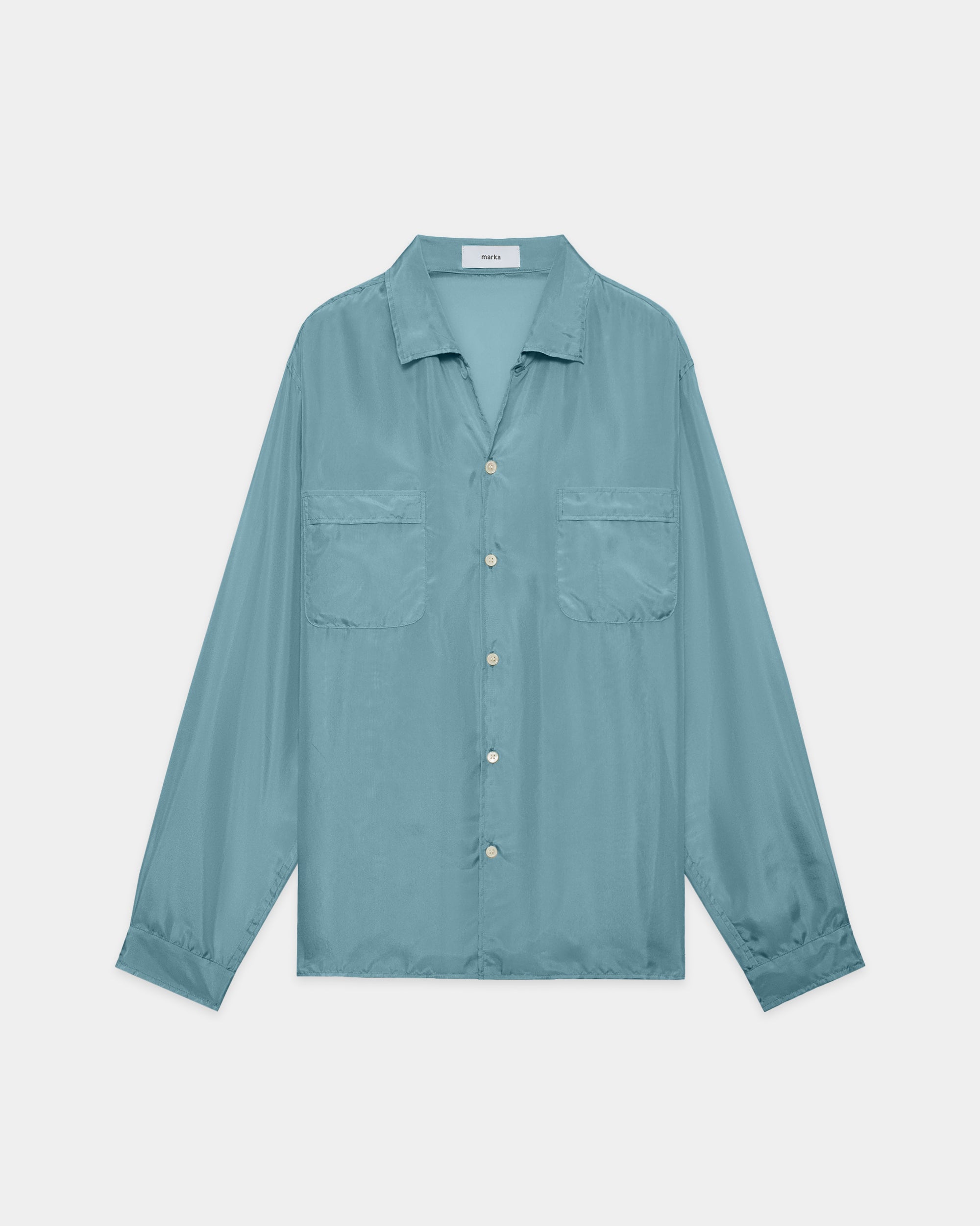 8匁シルク羽二重 / シルクオープンカラーL/Sシャツ, Blue Green