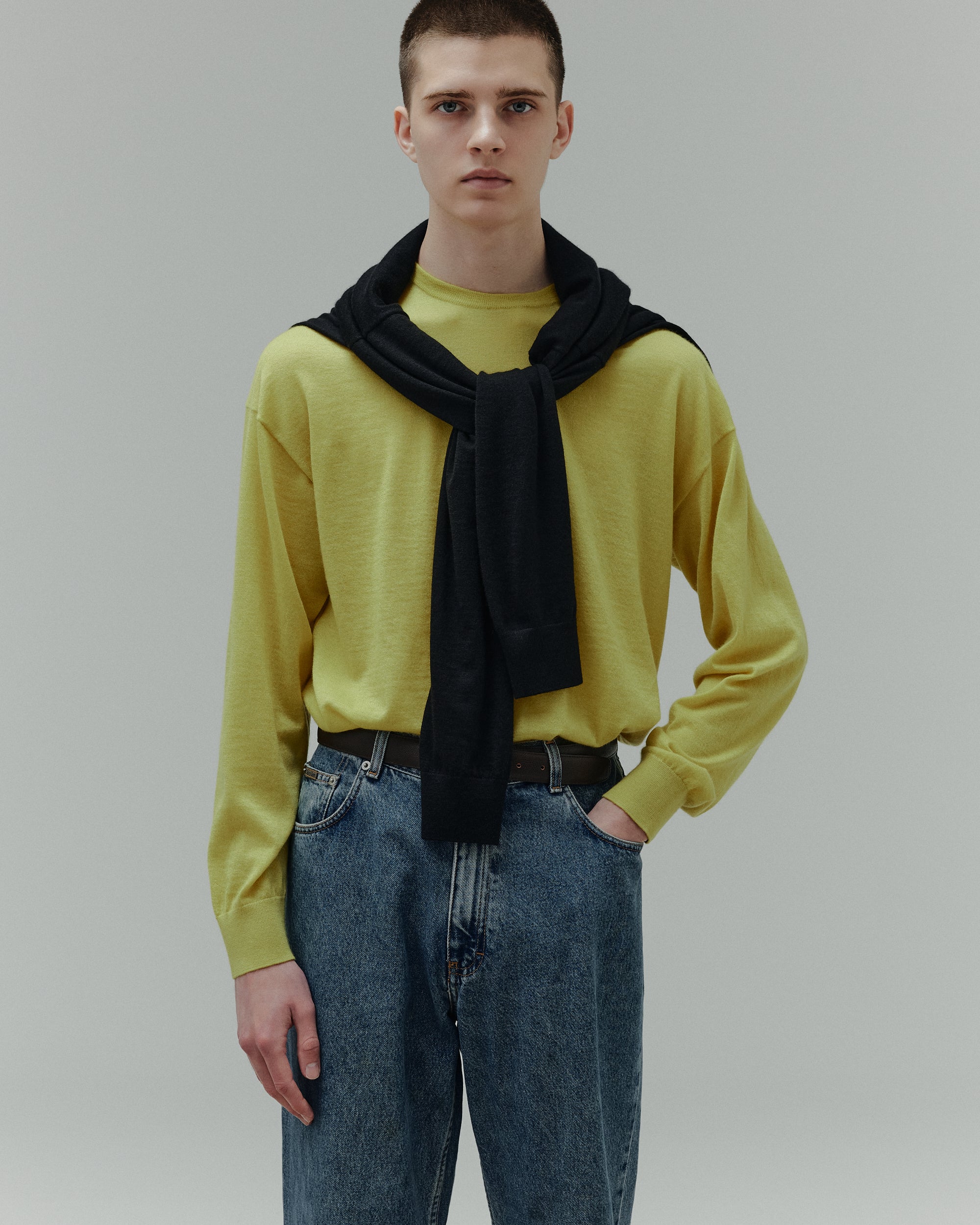 カシミヤ 18ゲージ クルーネック ニット, Yellow